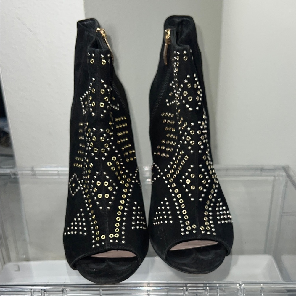 Vince Camuto Black Peep-Toe Ankle Booties with Gold Studs
